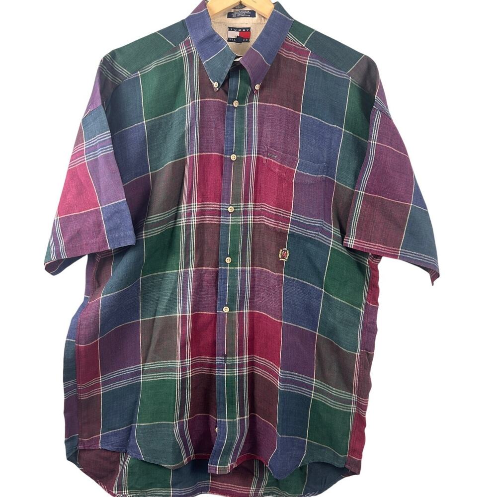 Tommy Hilfiger Men’s Linen Blend Plaid Button Down Shirt Large Short Sleeve